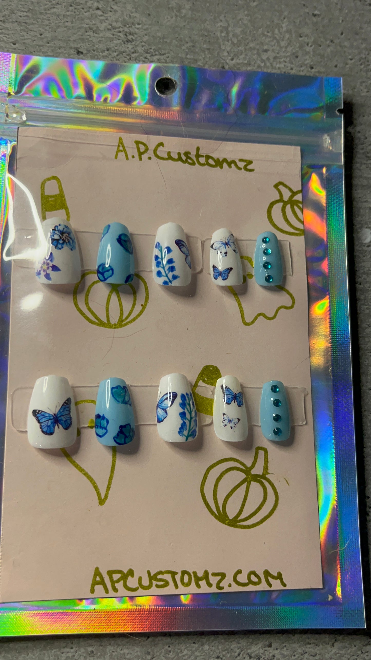 White And Blue Butterfly Press On Nails