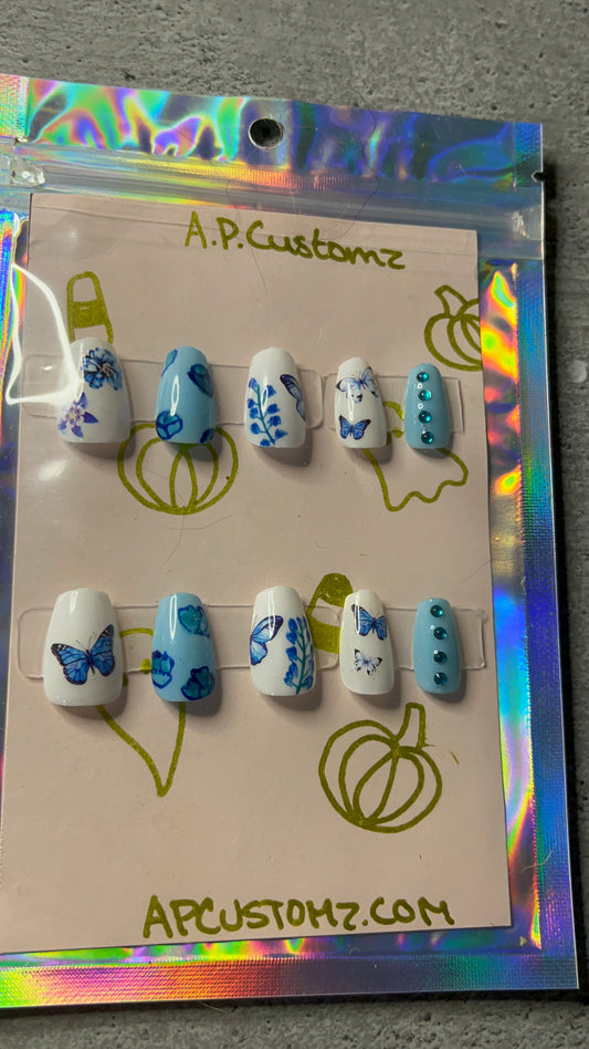 White And Blue Butterfly Press On Nails