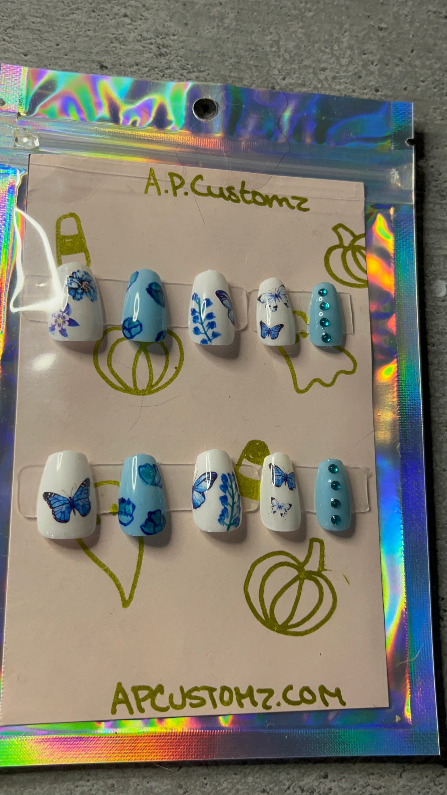 White And Blue Butterfly Press On Nails